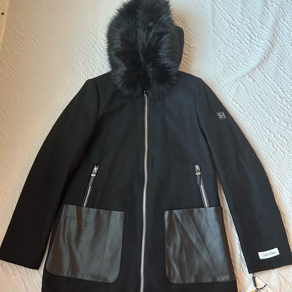 NWT - S Calvin Klein Black Coat with Faux Fur Hood